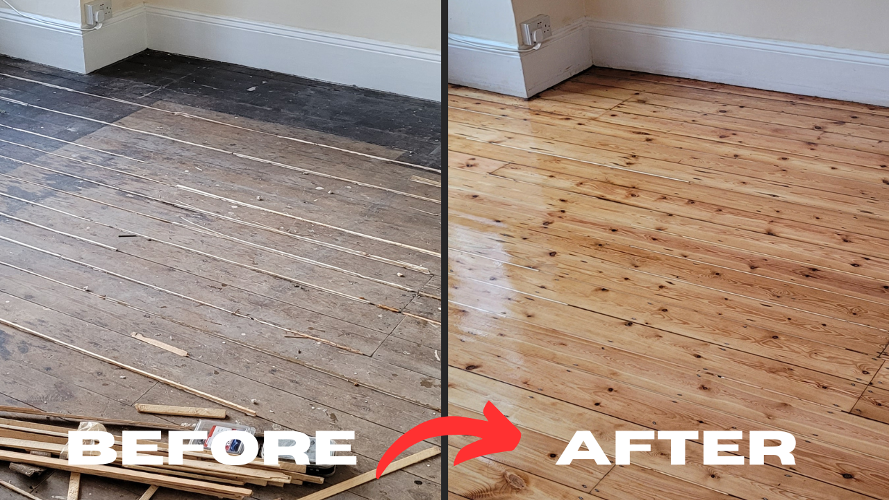 A split image showing the dramatic transformation of a wooden floor in West Kensington, with the left side displaying a worn, scratched wooden floor before sanding and the right side revealing a smooth, polished wooden floor after sanding.