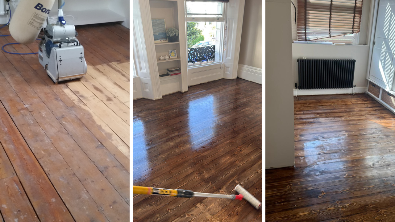 A three-panel image showing the wood floor sanding process in West Kensington: a sanding machine on a solid oak floor, the floor after sanding, and the final polished result with a roller applying sealant.