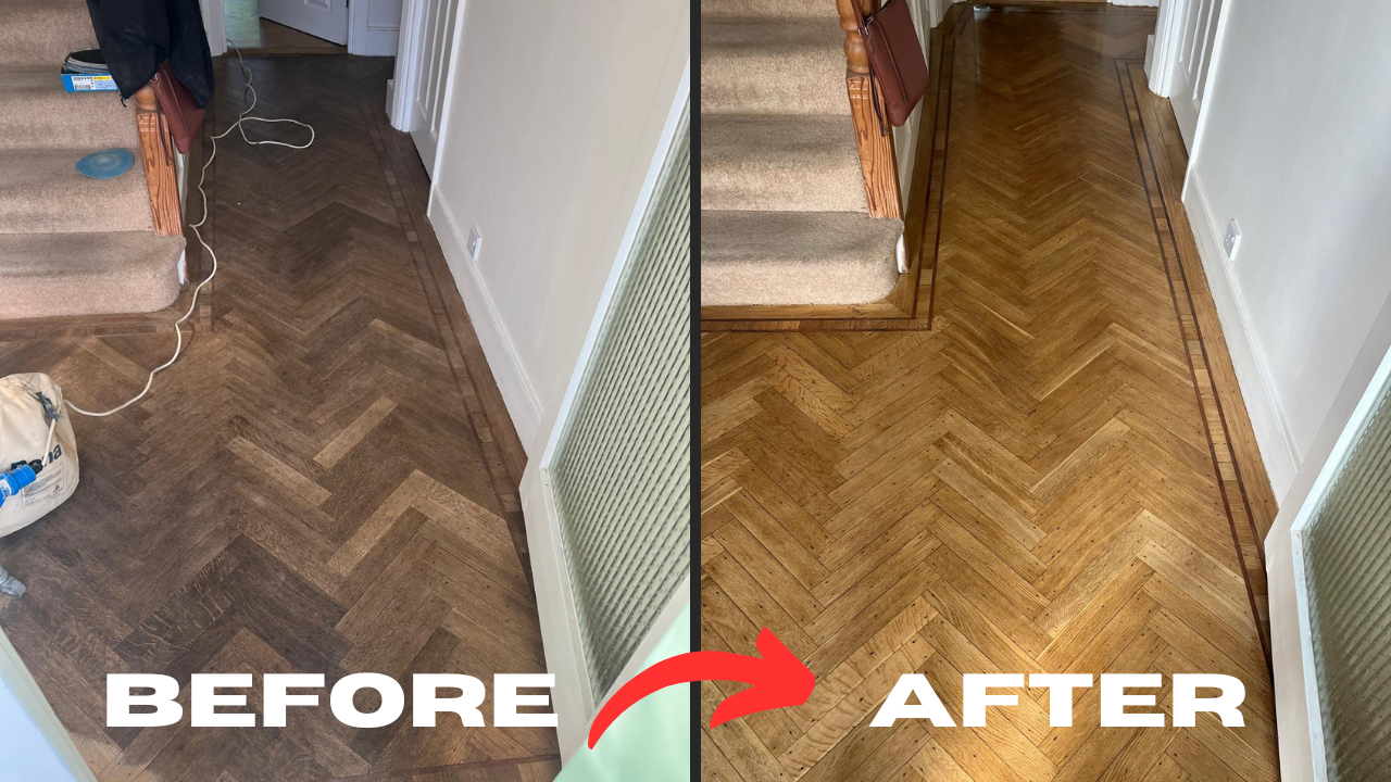 Before and after Parquet Floor Repairs in West Kensington showing a restored oak herringbone parquet hallway with improved colour and finish.
