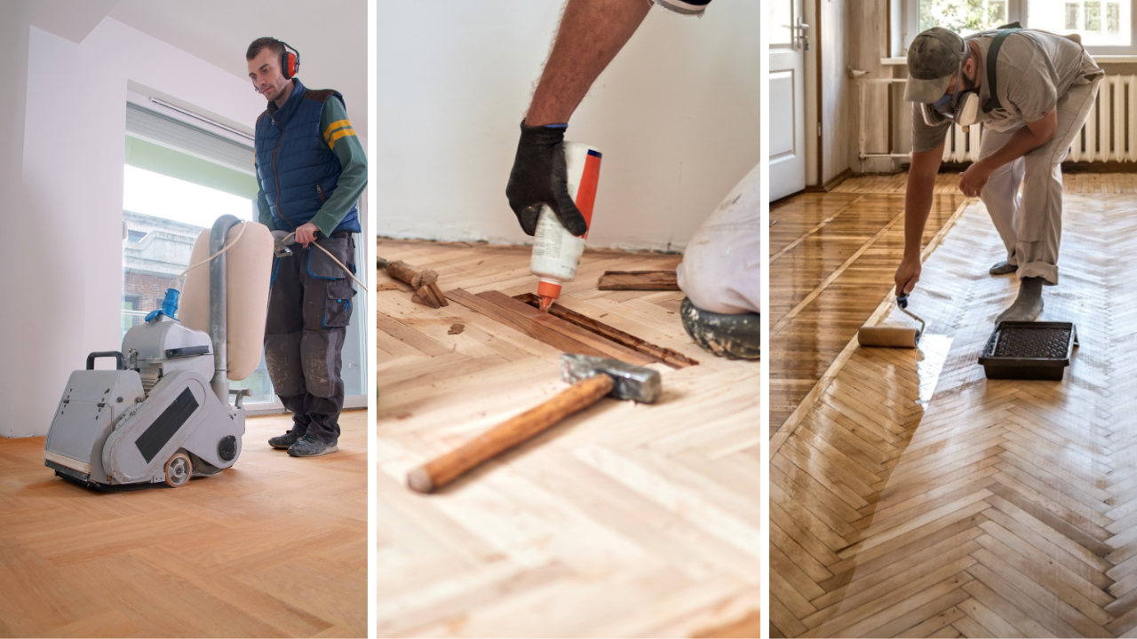 Step-by-step Parquet Floor Repairs in West Kensington showing oak herringbone parquet sanding, block replacement with adhesive, and final finishing.