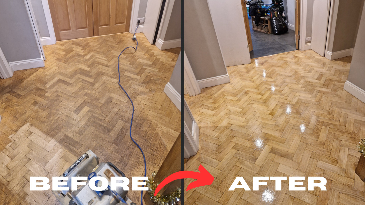 Parquet Floor Sanding in West Kensington – before and after restoration of an oak herringbone parquet hallway floor, showing dull surface transformed to a smooth, glossy finish.