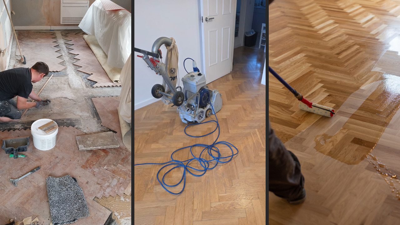Parquet Floor Sanding in West Kensington – stages of restoring an oak herringbone parquet floor, from repair to sanding and final lacquered finish.