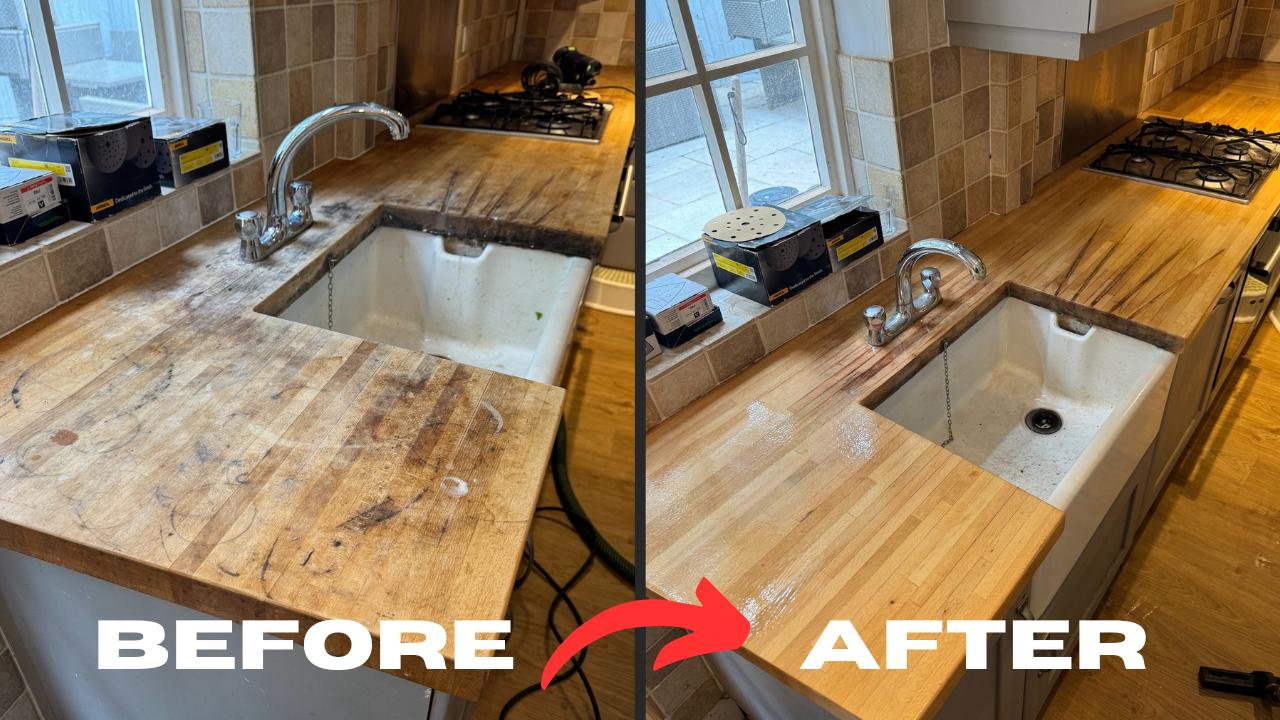 Worktop Refinishing in West Kensington – before and after restoration of a worn oak butcher block wooden worktop and matching oak wood floor around a kitchen sink