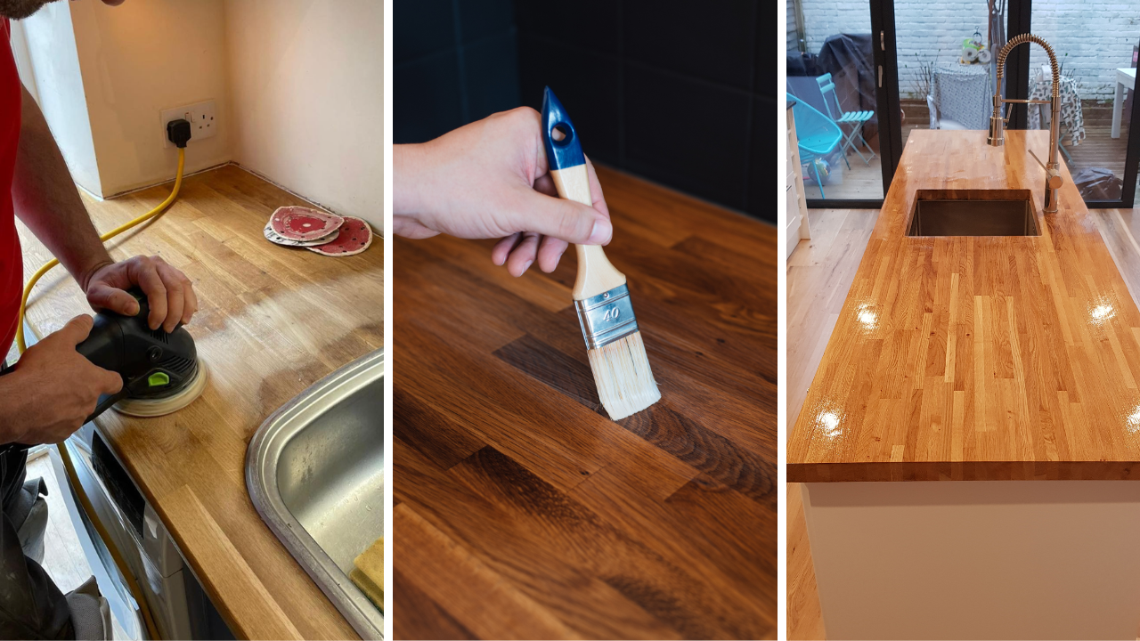 Worktop Refinishing in West Kensington – step-by-step restoration of solid oak wooden worktops above an oak plank wood floor from sanding to final gloss finish