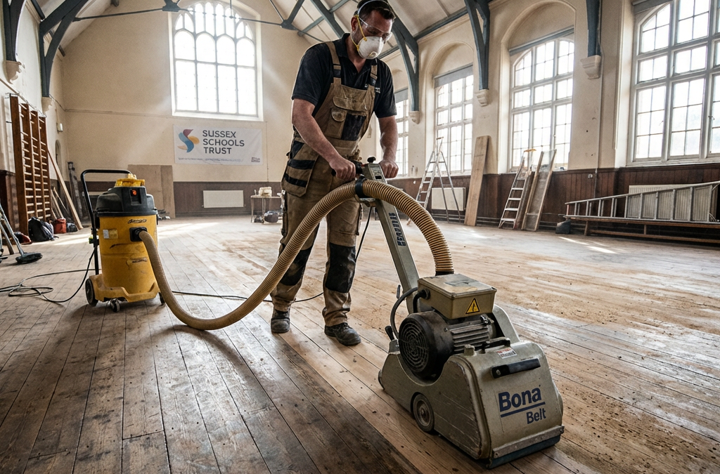 Professional tradesman using a Bona Belt sanding machine on a large sports hall floor in West Kensington