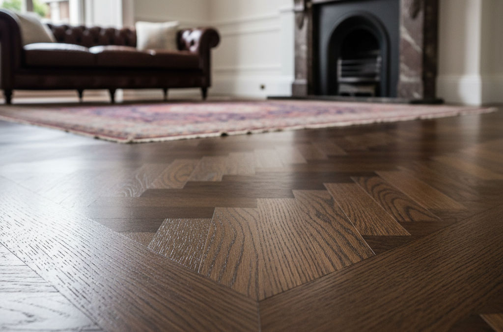 Close up of a heritage parquet floor with Osmo Hardwax Oil finish in West Kensington